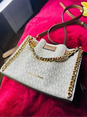 Michael Kors Beige and Tan Logo Chain-Trim Shoulder Bag